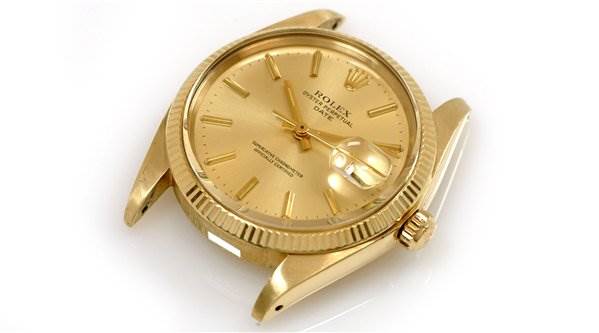 The image shows a Rolex Date 1503 Men's Yellow Gold Champagne Dial 1503 Men's Yellow Gold Champagne Dial model watch from a front angle, highlighting the dial, crown, and lugs.