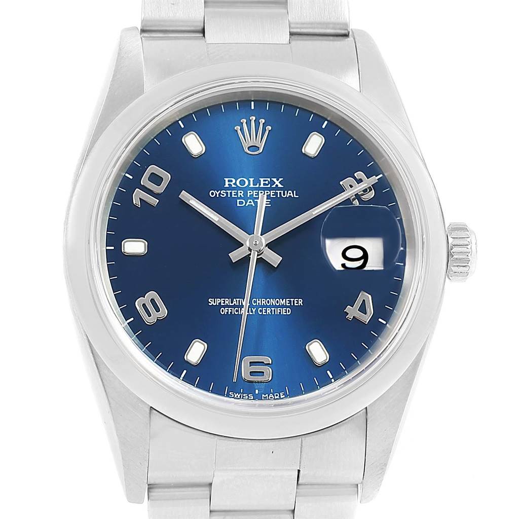 This is a frontal view of the Rolex Oyster Perpetual Date model, showcasing its blue dial and date display.