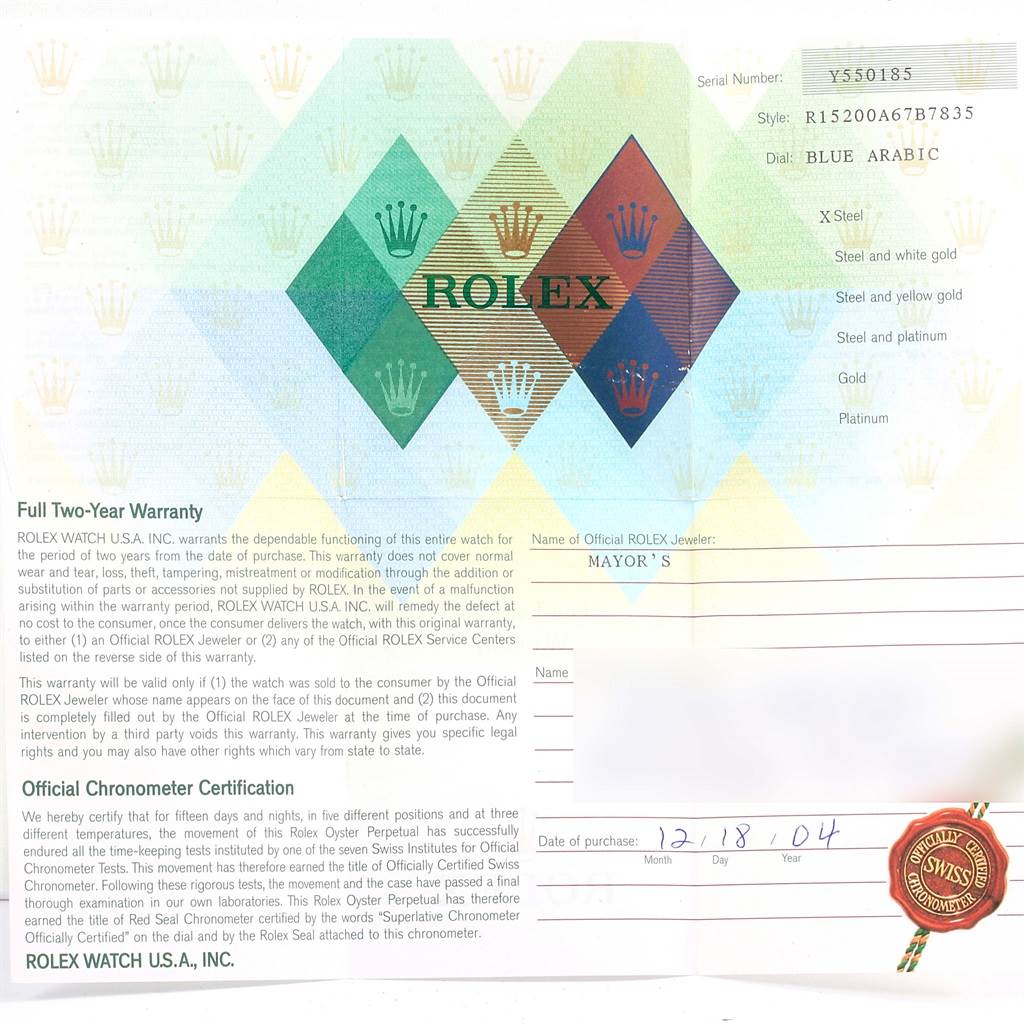 This image shows the warranty and official chronometer certification for a Rolex Date 15200 Men's Stainless Steel Blue Dial 15200 Men's Stainless Steel Blue Dial model watch.