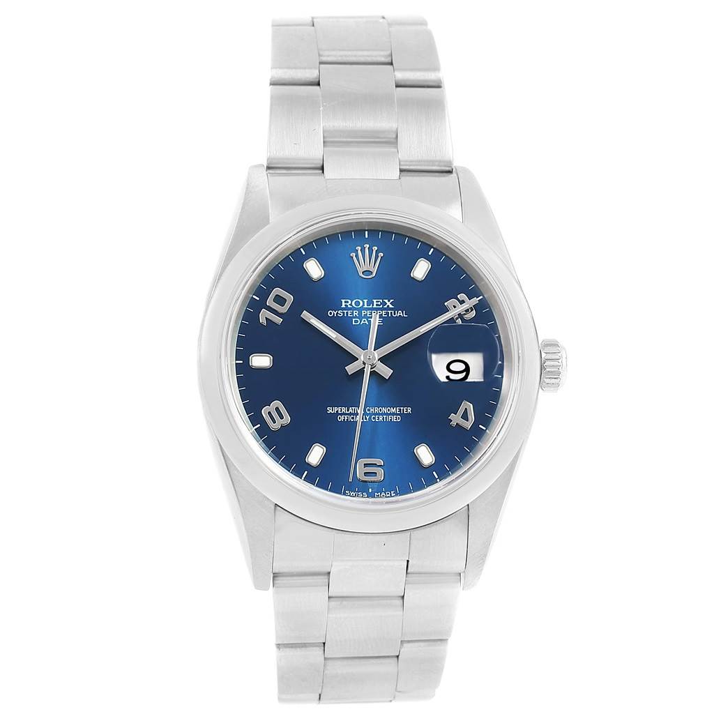 This image shows a frontal view of a Rolex Date 15200 Men's Stainless Steel Blue Dial 15200 Men's Stainless Steel Blue Dial model watch, highlighting its blue dial, stainless steel bracelet, and date feature.