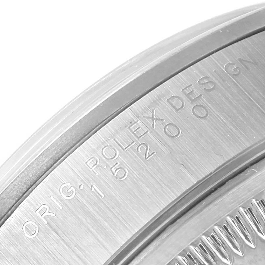 This close-up angle shows the engraved markings on the rim of the Rolex Date 15200 Men's Stainless Steel Blue Dial 15200 Men's Stainless Steel Blue Dial model watch case.