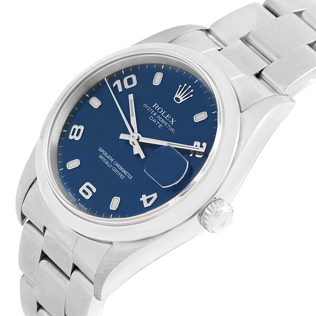 This image shows a close-up of the Rolex Date 15200 Men's Stainless Steel Blue Dial 15200 Men's Stainless Steel Blue Dial model watch, displaying its dial, hands, crown, and part of the bracelet.