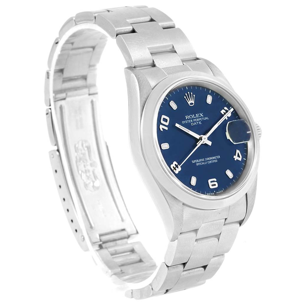 A Rolex Date 15200 Men's Stainless Steel Blue Dial 15200 Men's Stainless Steel Blue Dial model watch shown at a three-quarter angle with a blue dial and silver bracelet.