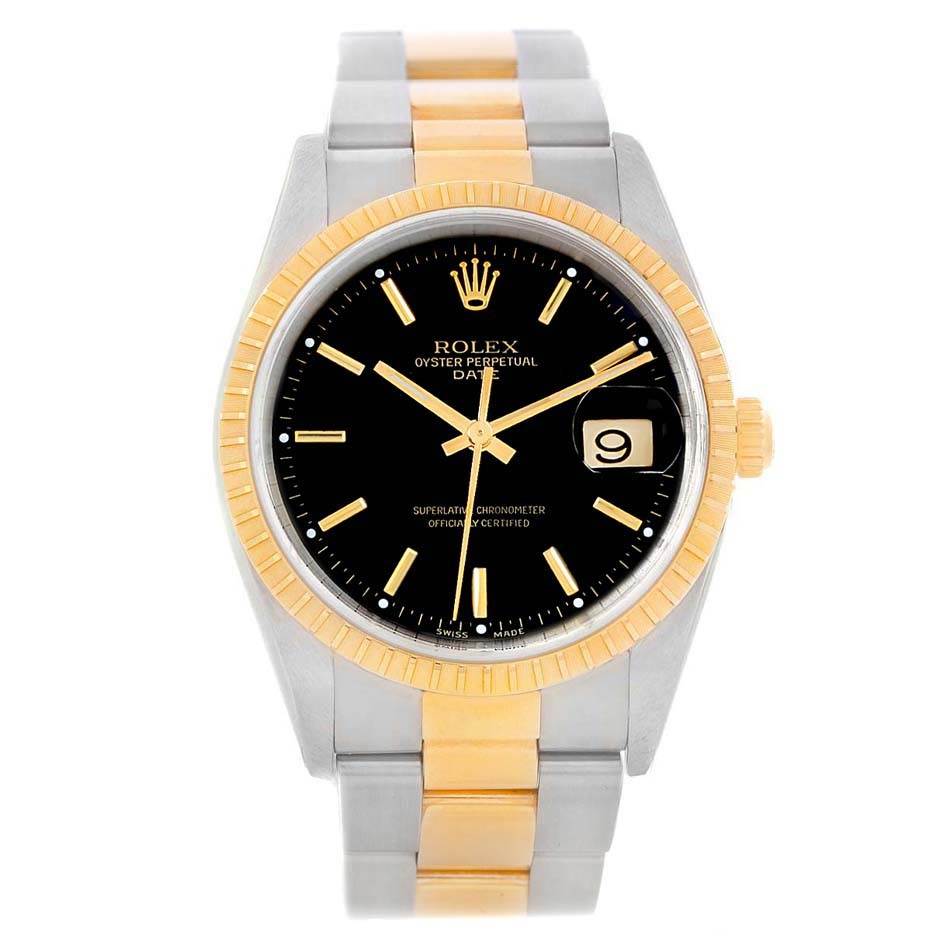 The image shows a front view of a Rolex Date 15223 Men's Steel and Gold (two tone) Black Dial 15223 Men's Steel and Gold (two tone) Black Dial model watch, displaying the dial, bezel, crown, and bracelet.