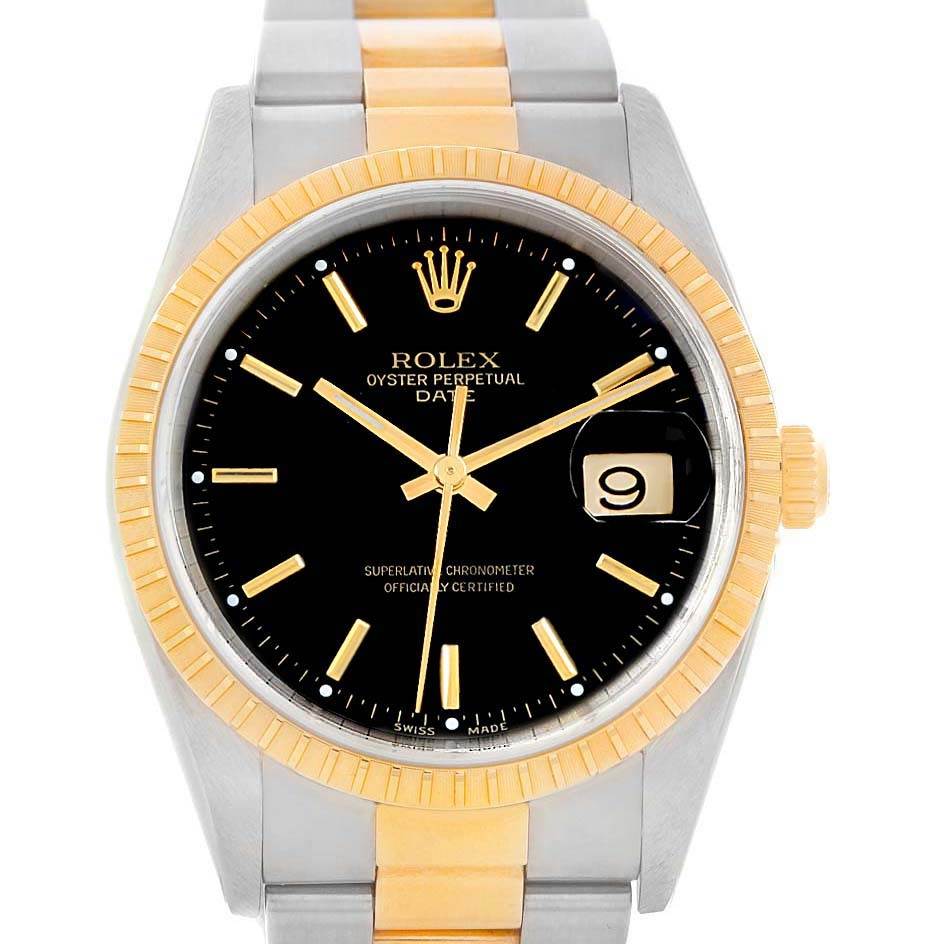 This Rolex Date 15223 Men's Steel and Gold (two tone) Black Dial 15223 Men's Steel and Gold (two tone) Black Dial model watch is shown from a front angle, featuring the dial, bezel, case, hands, date display, and part of the bracelet.