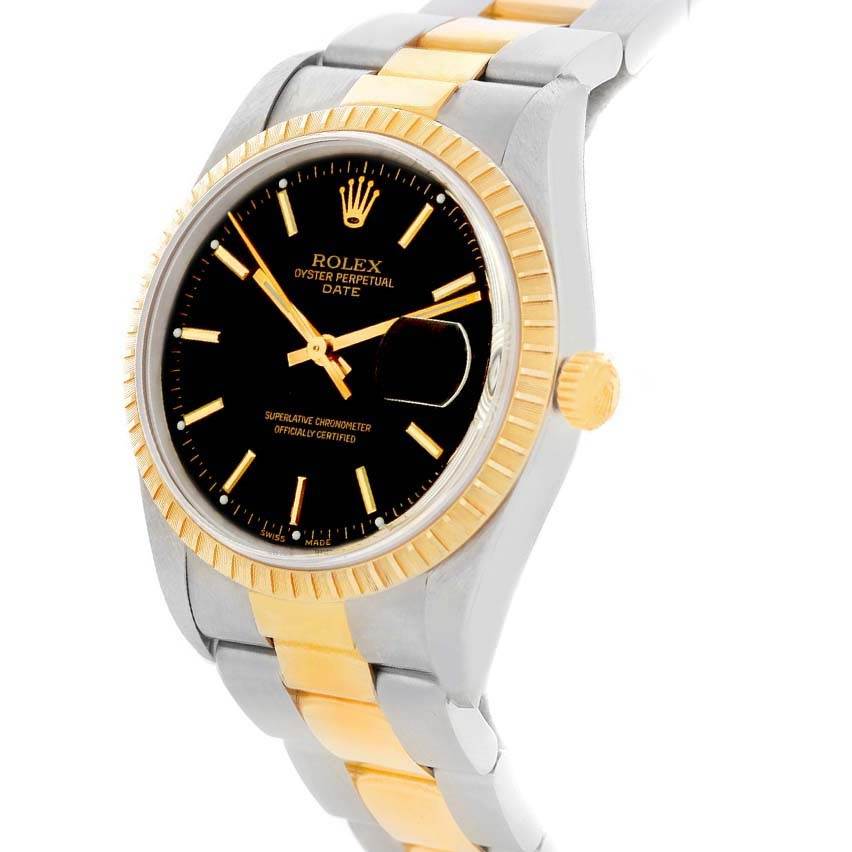 The Rolex Oyster Perpetual Date model is shown from a front diagonal angle, highlighting the bezel, dial, and bracelet.