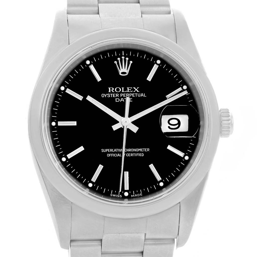 This is a front view of the Rolex Oyster Perpetual Date model showing the watch face, hands, date window, and part of the bracelet.