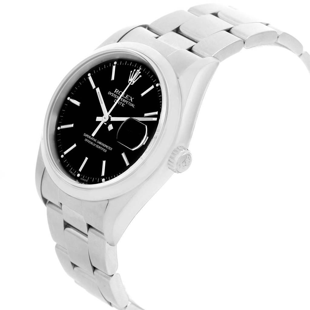 The Rolex Date 15200 Men's Stainless Steel Black Dial 15200 Men's Stainless Steel Black Dial model watch is shown at a three-quarter angle displaying the face, crown, and part of the bracelet.