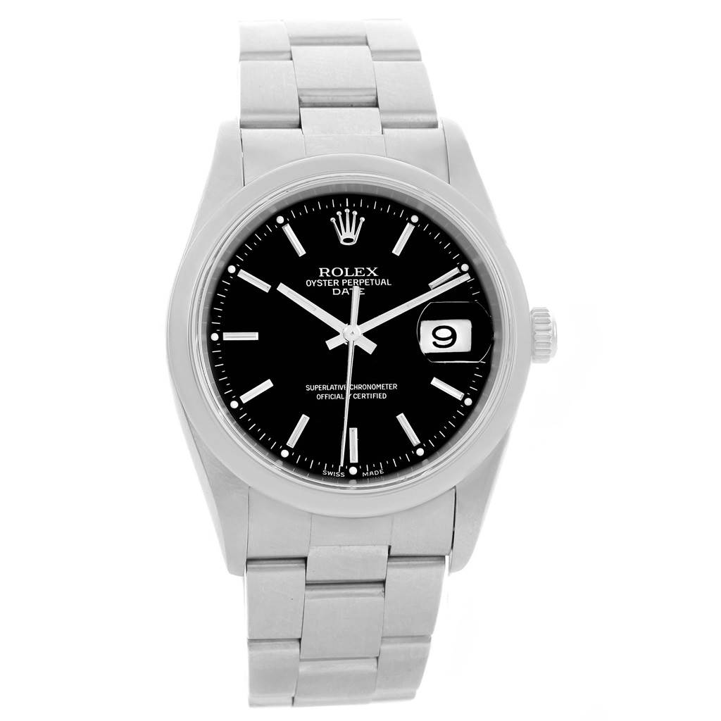 The Rolex Date 15200 Men's Stainless Steel Black Dial 15200 Men's Stainless Steel Black Dial model watch is shown from a front angle, displaying the face, bezel, crown, and bracelet.