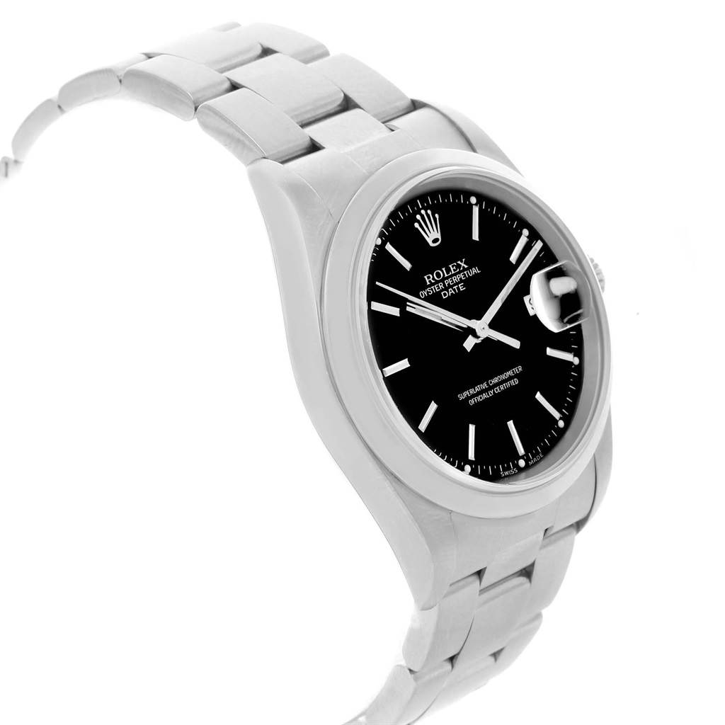 The image shows the Rolex Date 15200 Men's Stainless Steel Black Dial 15200 Men's Stainless Steel Black Dial watch from an angled side view, highlighting the face, bezel, crown, and bracelet.