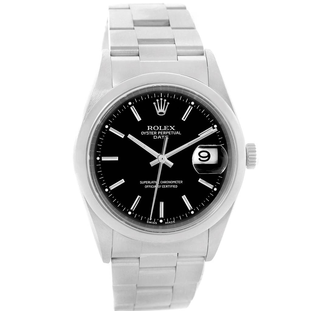 The image shows a frontal view of a Rolex Date 15200 Men's Stainless Steel Black Dial 15200 Men's Stainless Steel Black Dial model watch, featuring its black dial, date window, and stainless steel bracelet.