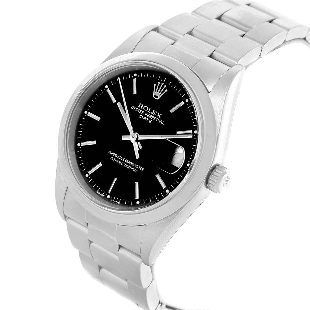 This image shows a Rolex Date 15200 Men's Stainless Steel Black Dial 15200 Men's Stainless Steel Black Dial model watch from a front angle, highlighting its black dial and stainless steel bracelet.