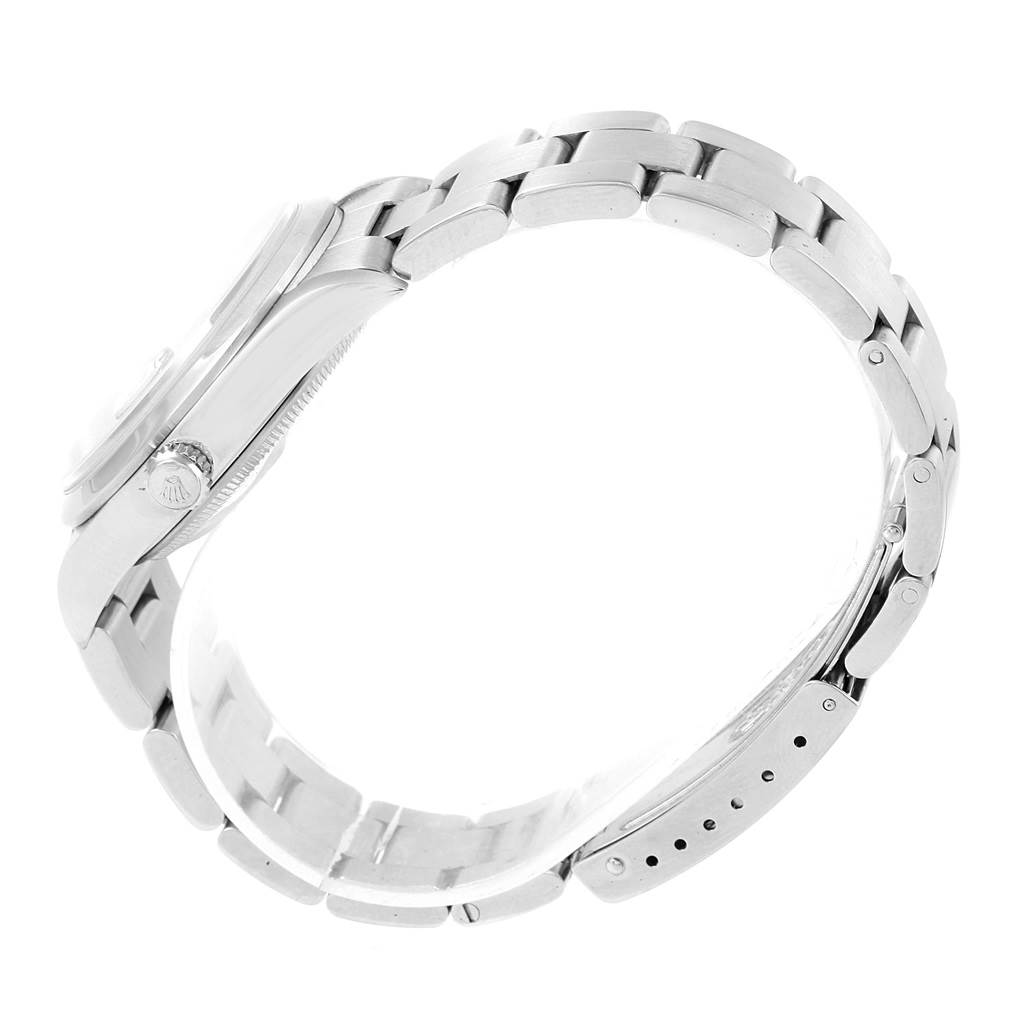 This image shows a side view of a Rolex Date 15200 Men's Stainless Steel Black Dial 15200 Men's Stainless Steel Black Dial model watch, highlighting the case, crown, and bracelet links.