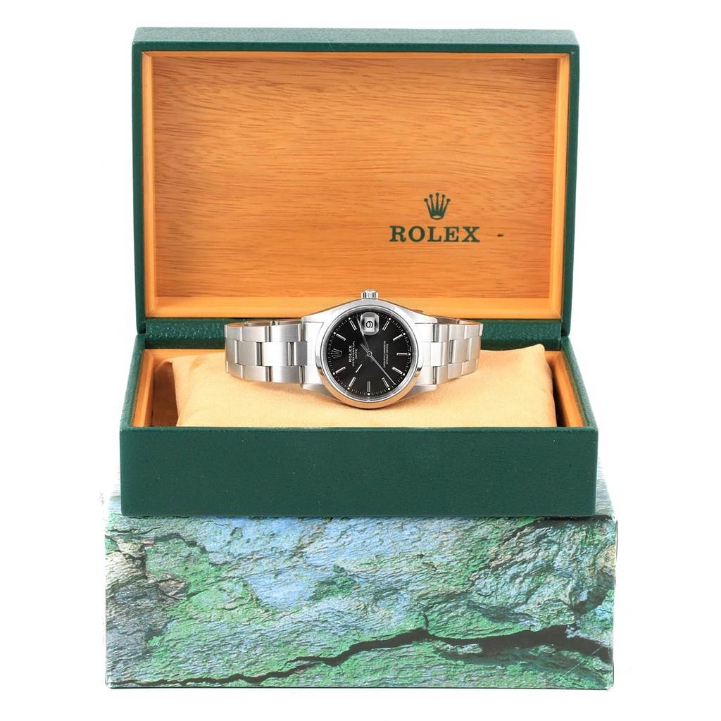 The Rolex Date 15200 Men's Stainless Steel Black Dial 15200 Men's Stainless Steel Black Dial model watch is shown from the front, displayed inside an open Rolex-branded box.
