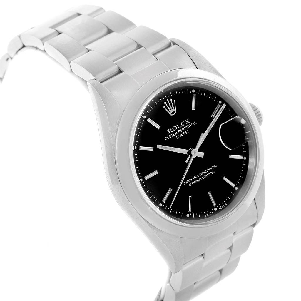 The image shows a Rolex Date 15200 Men's Stainless Steel Black Dial 15200 Men's Stainless Steel Black Dial model from an elevated angle, displaying the bracelet, case, dial, and cyclops lens.