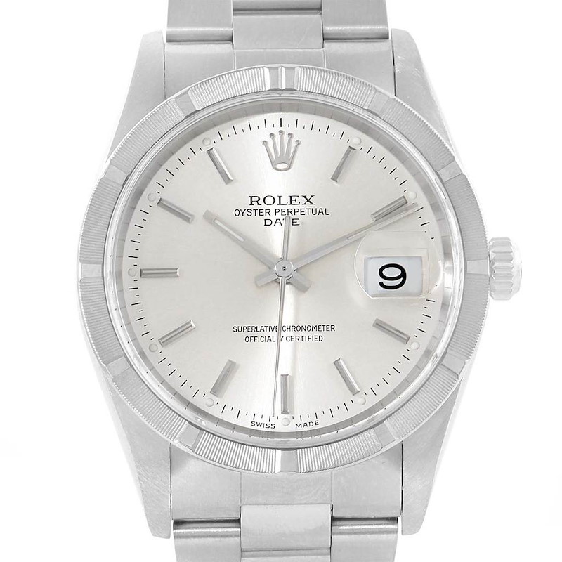 Rolex Date Silver Baton Dial Oyster Bracelet Mens Watch 15210 SwissWatchExpo
