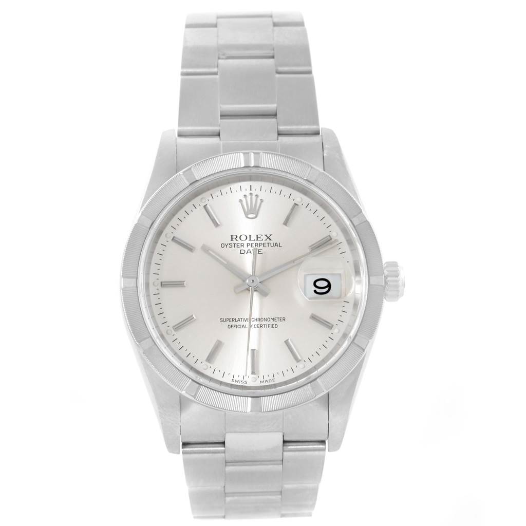 The image shows a Rolex Date 15210 Men's Stainless Steel Silver Dial 15210 Men's Stainless Steel Silver Dial model watch from a front angle, highlighting the dial, bezel, bracelet, and date display.