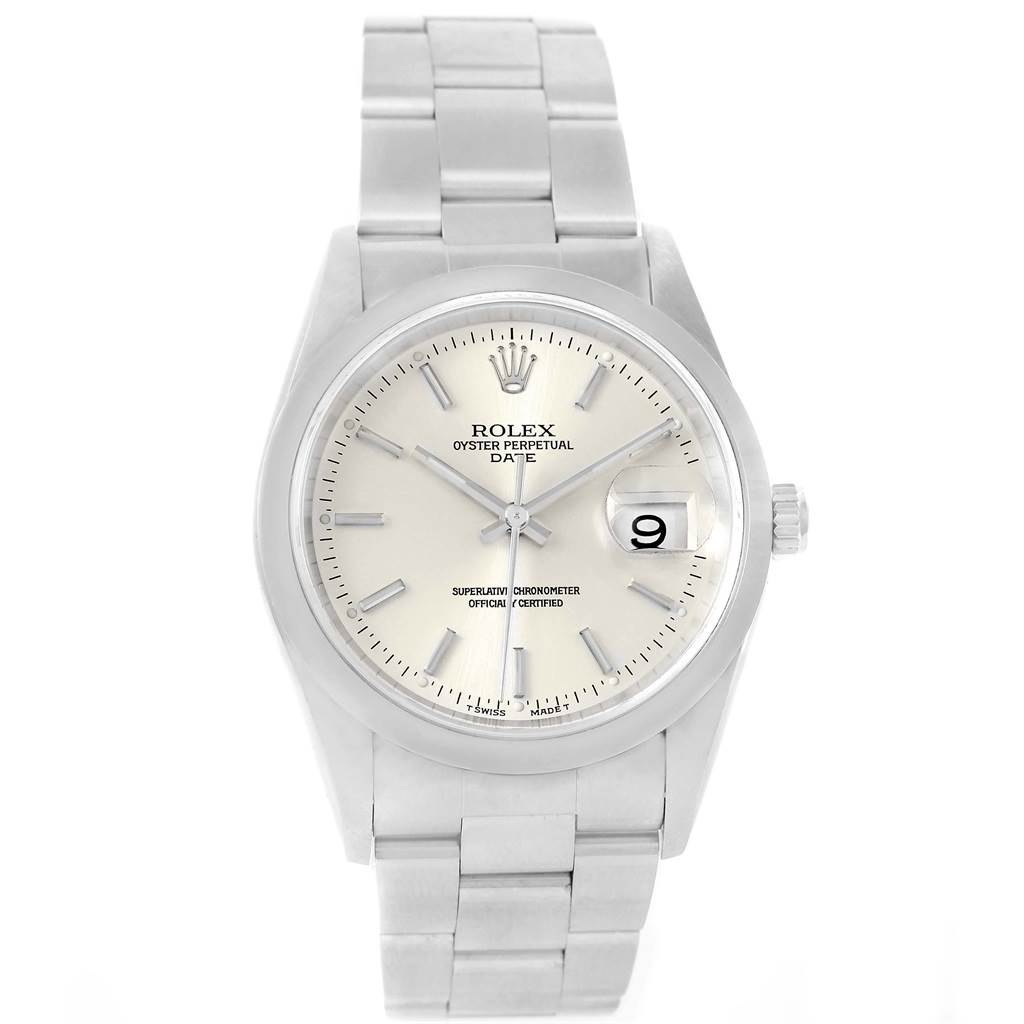 The image shows a front view of a Rolex Date 15200 Men's Stainless Steel Silver Dial 15200 Men's Stainless Steel Silver Dial model watch, displaying its dial, bezel, date window, crown, and bracelet.