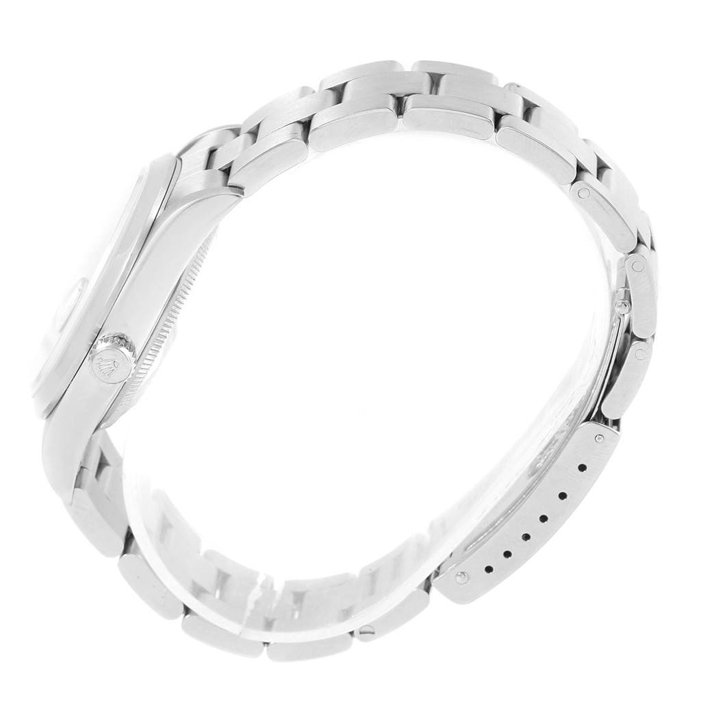 The image shows a side view of a Rolex Date 15200 Men's Stainless Steel Silver Dial 15200 Men's Stainless Steel Silver Dial model watch, highlighting its link bracelet and side profile.