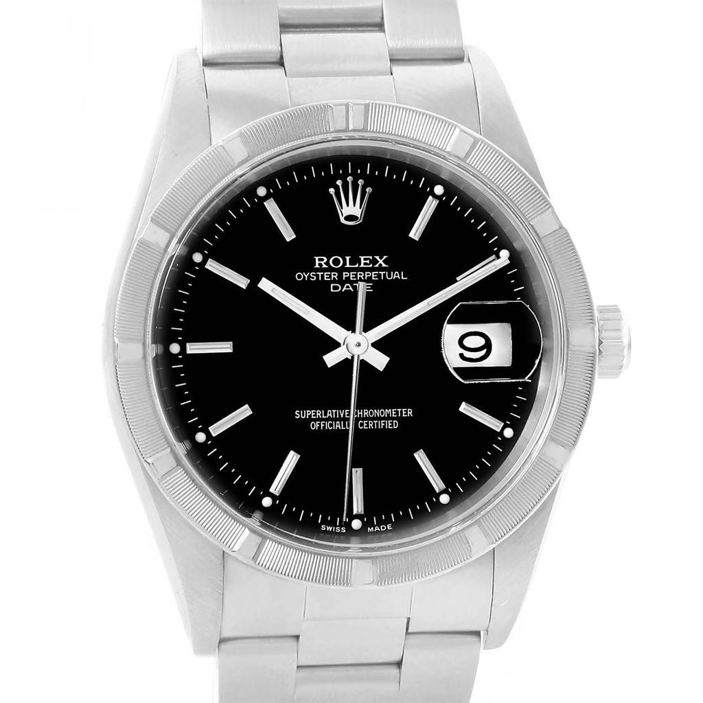 The image shows a front angle view of a Rolex Date 15210 Men's Stainless Steel Black Dial 15210 Men's Stainless Steel Black Dial model watch, displaying its black dial and metal bracelet.