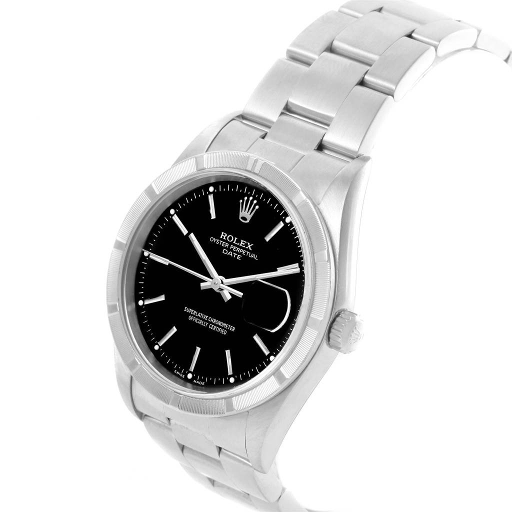 This Rolex Date 15210 Men's Stainless Steel Black Dial 15210 Men's Stainless Steel Black Dial model watch is shown at an angle highlighting the face, crown, and part of the bracelet.