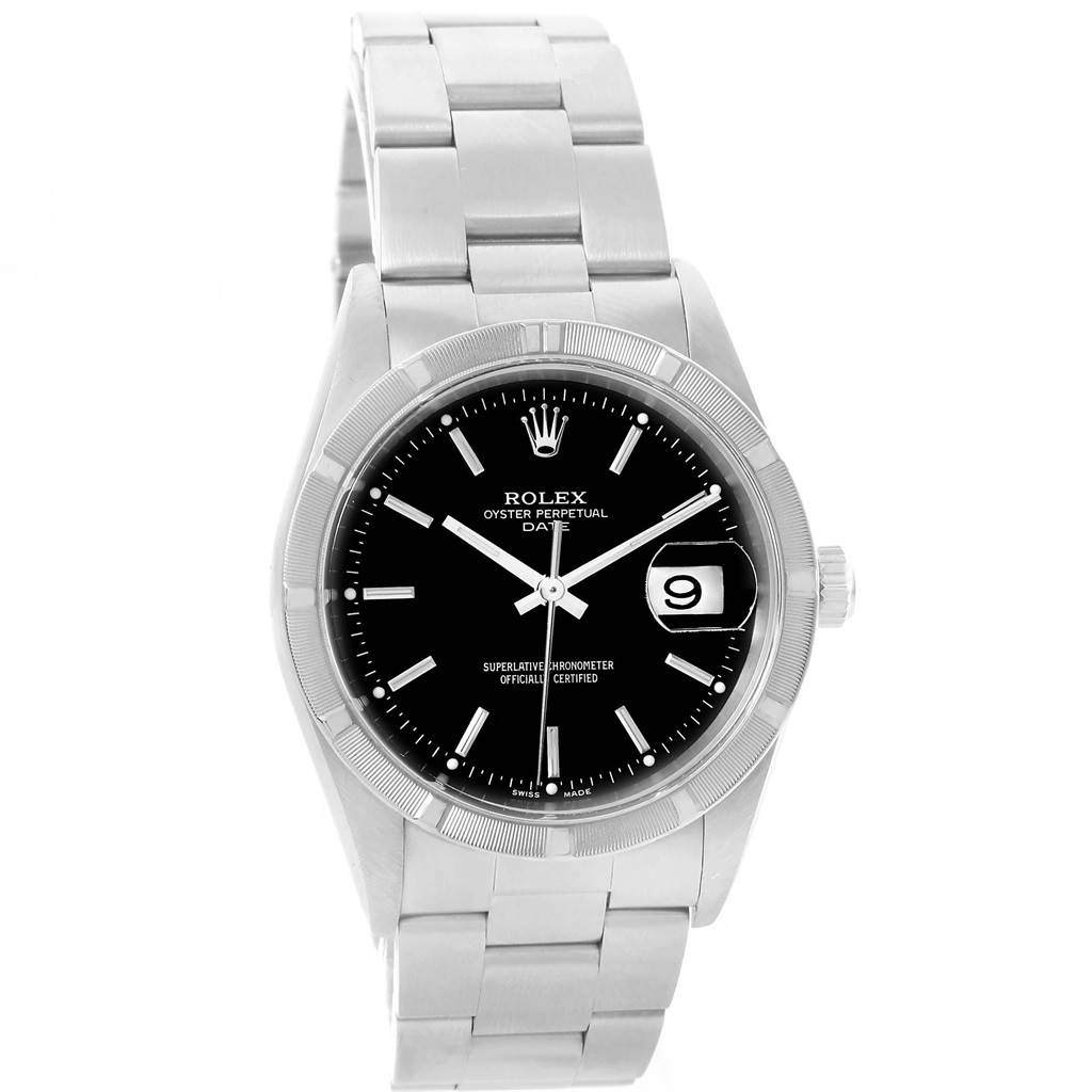 This is a front view of a Rolex Date 15210 Men's Stainless Steel Black Dial 15210 Men's Stainless Steel Black Dial model watch showcasing the black dial, silver bracelet, and date display.