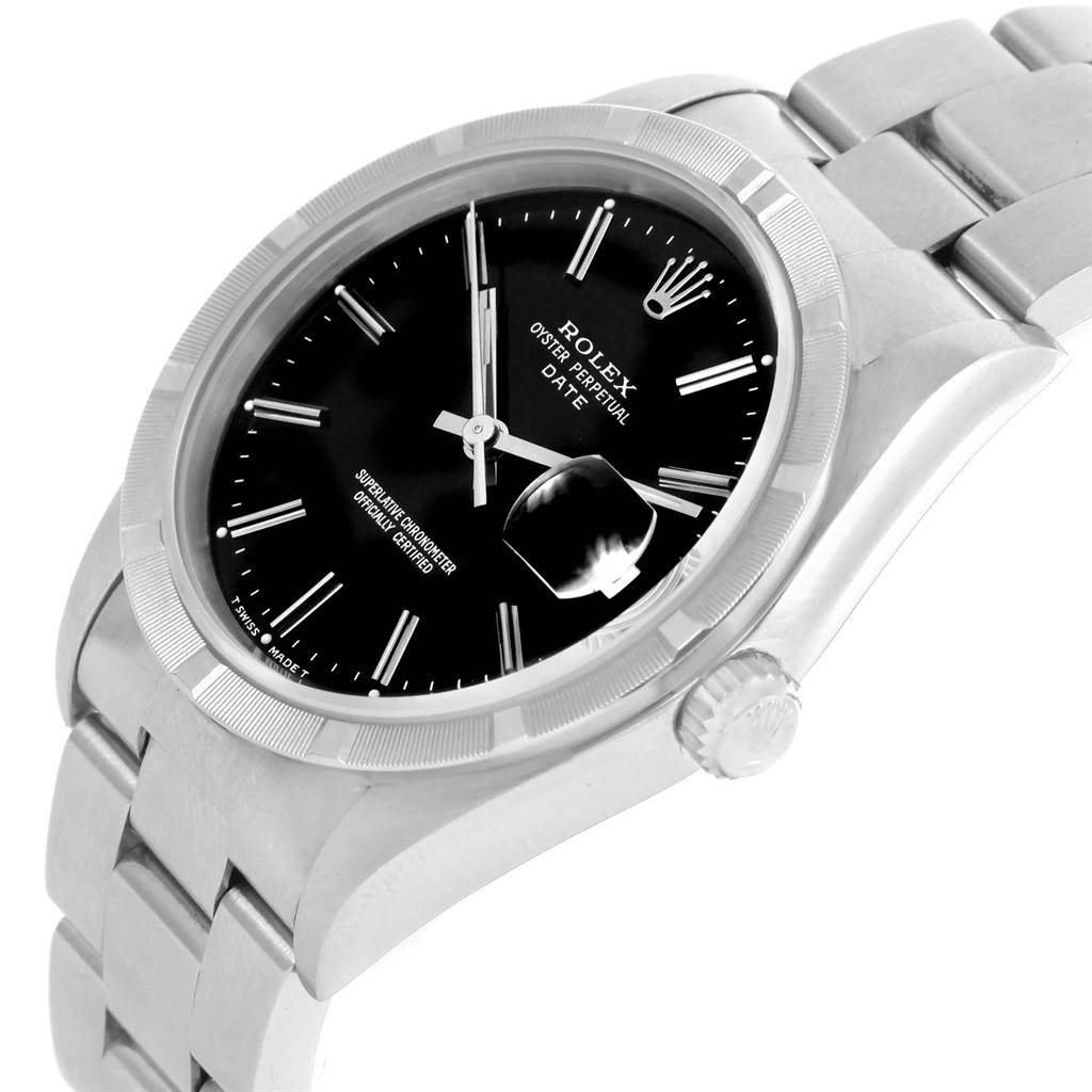 The Rolex Date 15210 Men's Stainless Steel Black Dial 15210 Men's Stainless Steel Black Dial model watch is shown at a slight angle, featuring the black dial, bezel, case, and bracelet.