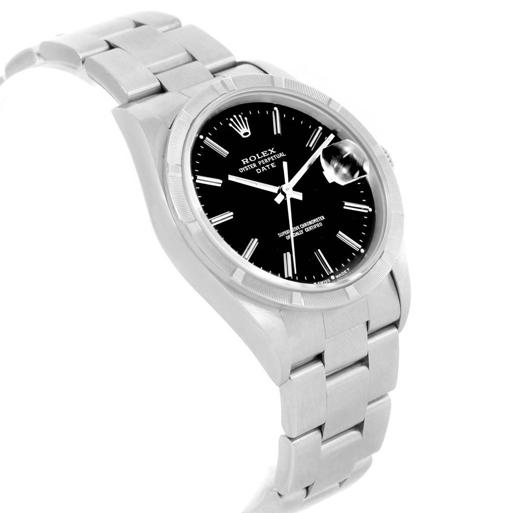 The image shows a side angle of a Rolex Date 15210 Men's Stainless Steel Black Dial 15210 Men's Stainless Steel Black Dial watch, highlighting the bracelet, bezel, and black dial with date feature.