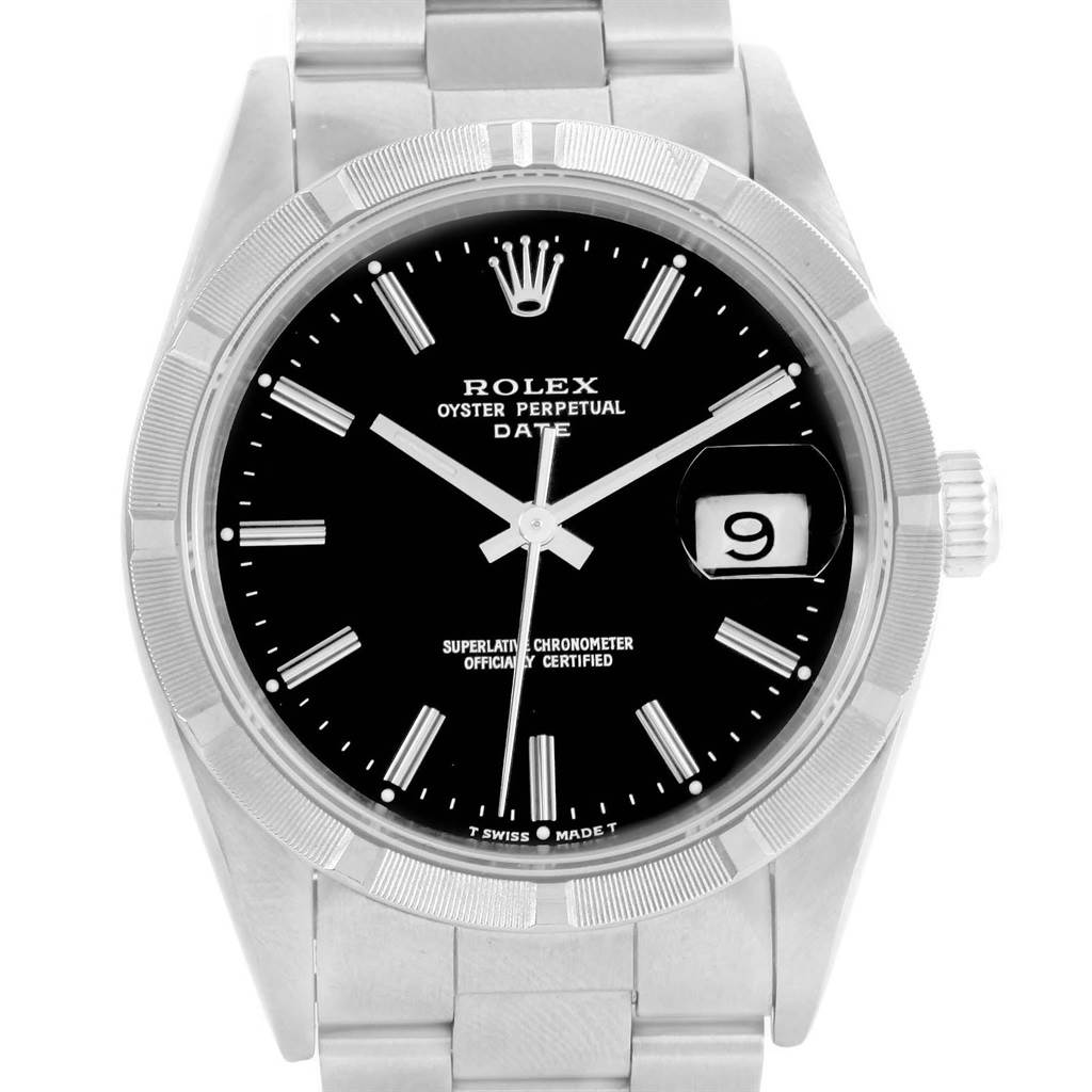 The image shows a front view of a Rolex Date 15210 Men's Stainless Steel Black Dial 15210 Men's Stainless Steel Black Dial model watch, highlighting its black dial, date window, and stainless steel bracelet.