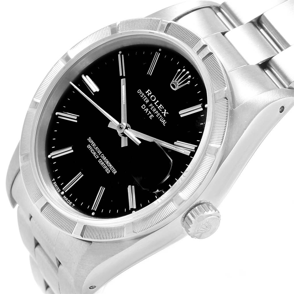 The image shows a Rolex Date 15210 Men's Stainless Steel Black Dial 15210 Men's Stainless Steel Black Dial model watch at an angled close-up, displaying its dial, bezel, crown, and bracelet.