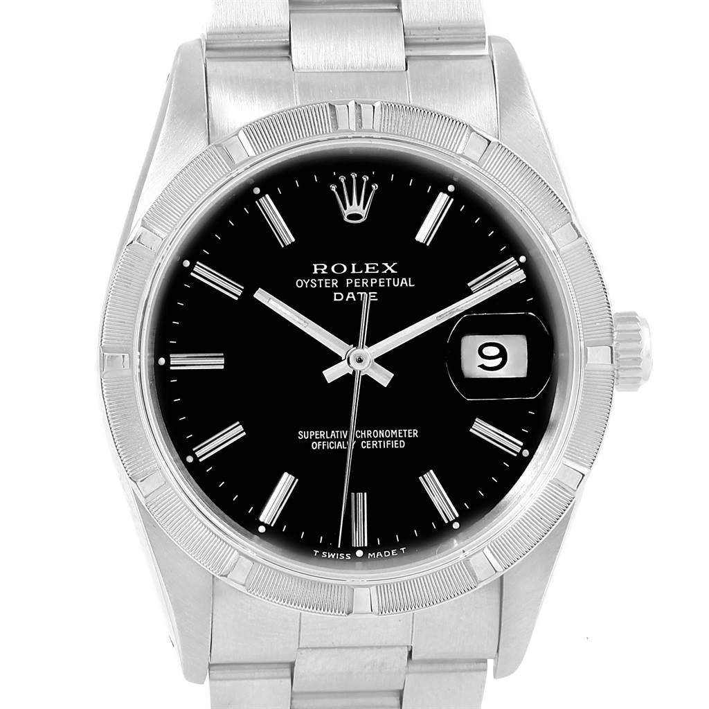The image shows a Rolex Oyster Perpetual Date watch, front view, displaying the dial, bezel, crown, and bracelet.