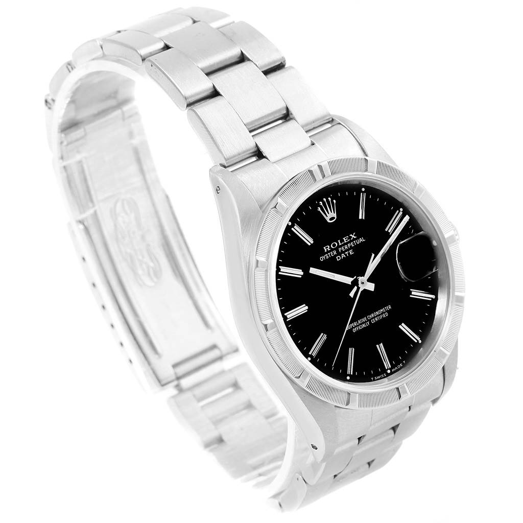 The image shows a Rolex Date 15210 Men's Stainless Steel Black Dial 15210 Men's Stainless Steel Black Dial model watch at a three-quarter angle, highlighting the bracelet, case, and black dial with a date window.