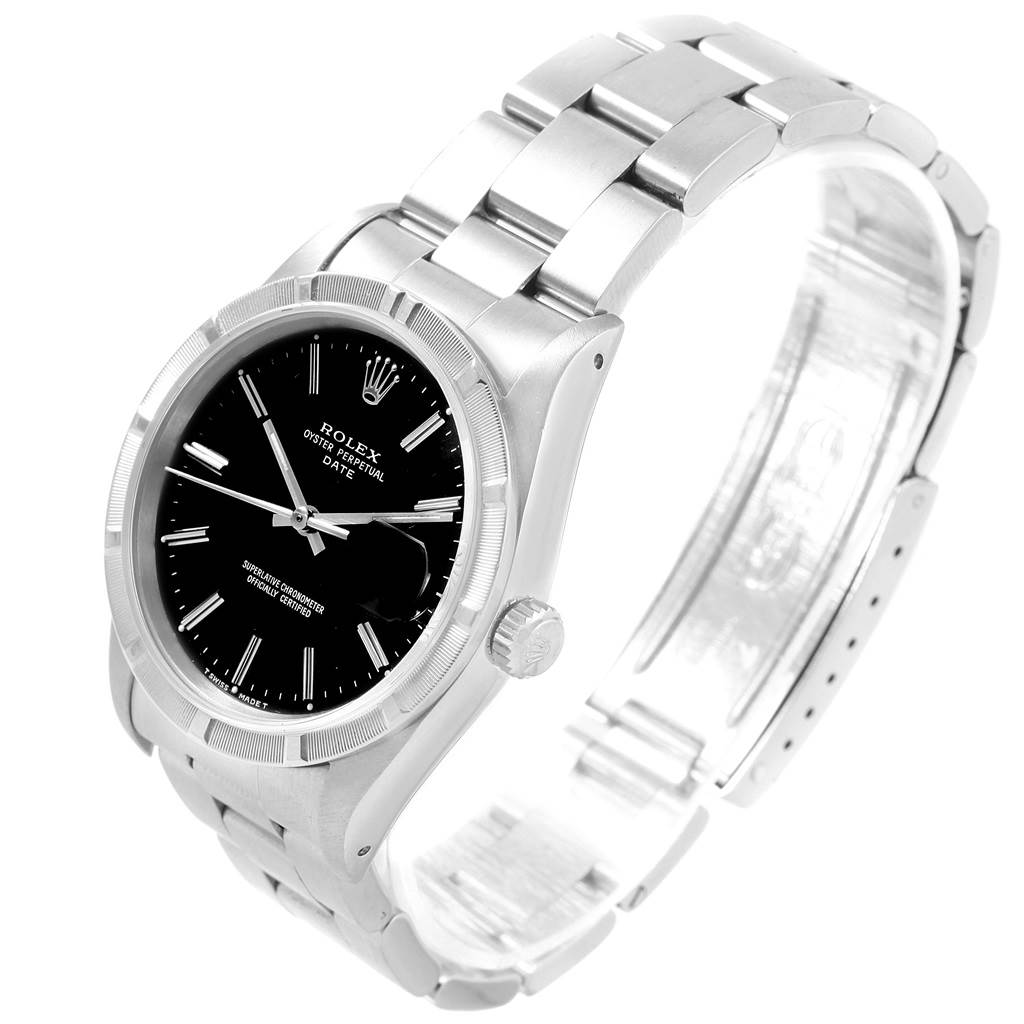 This image shows a Rolex Date 15210 Men's Stainless Steel Black Dial 15210 Men's Stainless Steel Black Dial model watch from a slightly angled view, highlighting the dial, bezel, bracelet, and crown.