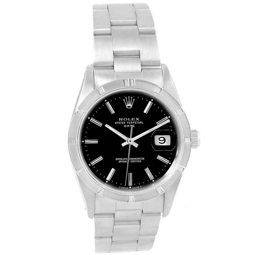 This image shows a front view of a Rolex Date 15210 Men's Stainless Steel Black Dial 15210 Men's Stainless Steel Black Dial model watch, featuring a black dial, silver hour markers, and a stainless steel bracelet.