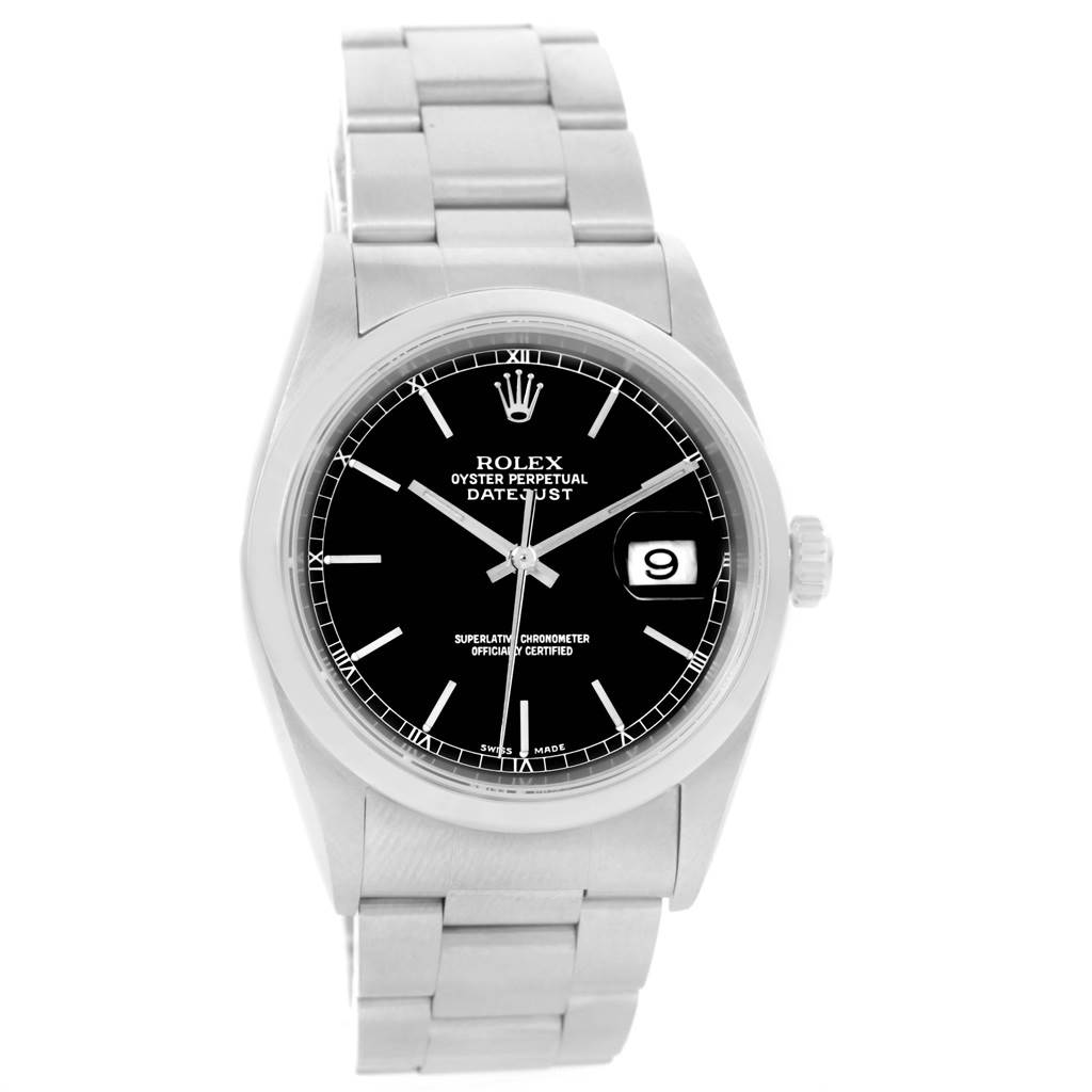 The image shows a Rolex Date 16200 Men's Stainless Steel Black Dial 16200 Men's Stainless Steel Black Dialjust watch from a front angle, displaying the dial, bracelet, and crown.