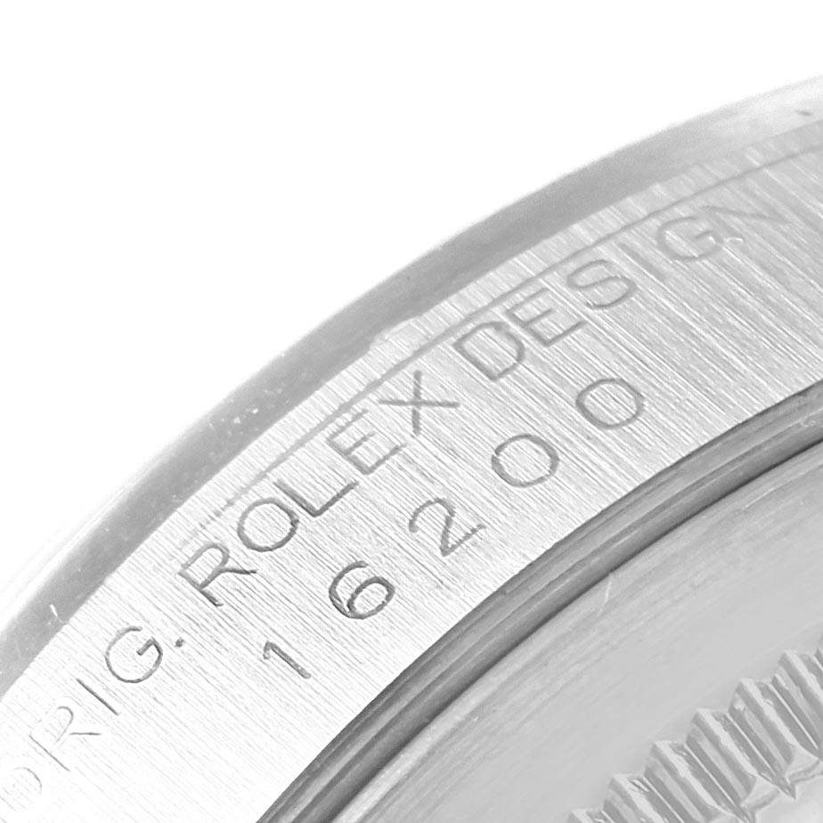 This close-up image shows the side of a Rolex Date 16200 Men's Stainless Steel Black Dial 16200 Men's Stainless Steel Black Dial model watch case, highlighting the engraved model number 16200.