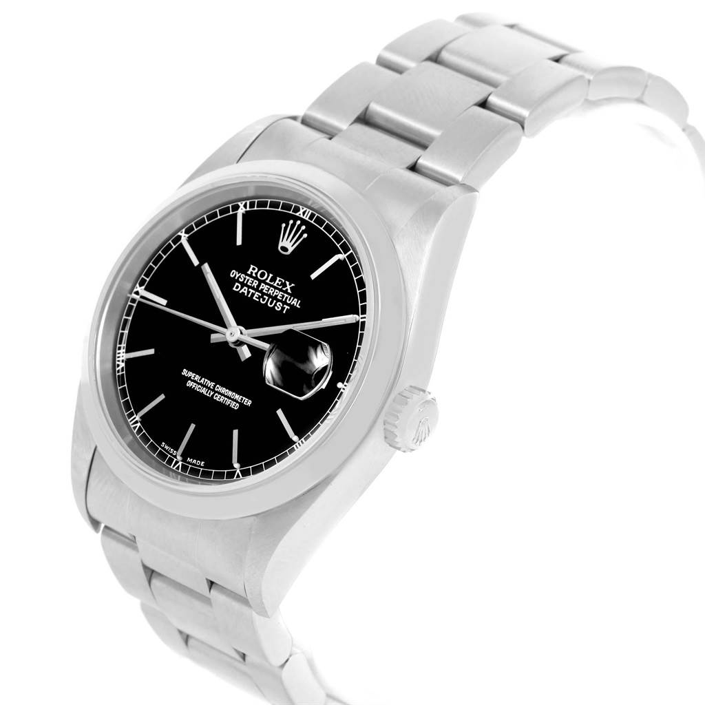 The image shows a Rolex Date 16200 Men's Stainless Steel Black Dial 16200 Men's Stainless Steel Black Dialjust watch at a slight angle, highlighting the dial, bezel, bracelet, and crown.