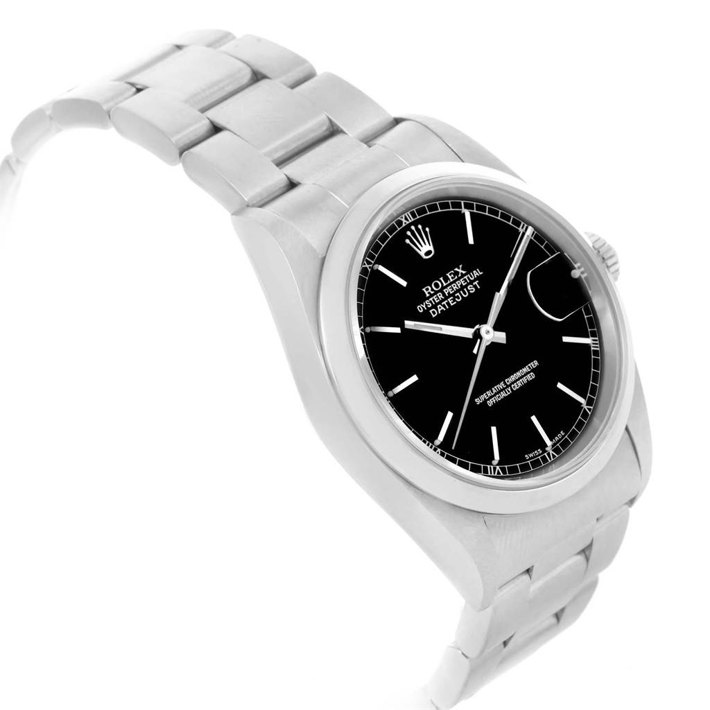 The image shows a Rolex Date 16200 Men's Stainless Steel Black Dial 16200 Men's Stainless Steel Black Dial model watch at a three-quarter angle highlighting its bracelet, case, and dial.