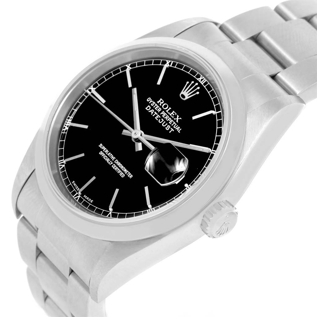 The image shows a close-up, angled view of a Rolex Date 16200 Men's Stainless Steel Black Dial 16200 Men's Stainless Steel Black Dialjust watch, displaying the face, bezel, crown, and part of the bracelet.