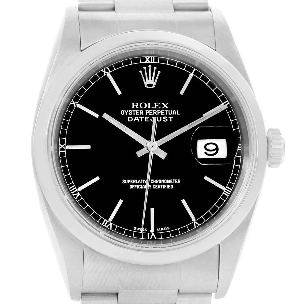 This image displays a front view of a Rolex Date 16200 Men's Stainless Steel Black Dial 16200 Men's Stainless Steel Black Dialjust, showing the dial, hands, date window, crown, and part of the bracelet.