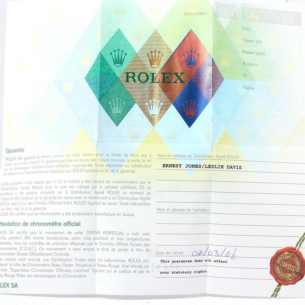 The image shows a warranty certificate for a Rolex Date 16200 Men's Stainless Steel Black Dial 16200 Men's Stainless Steel Black Dial model watch.