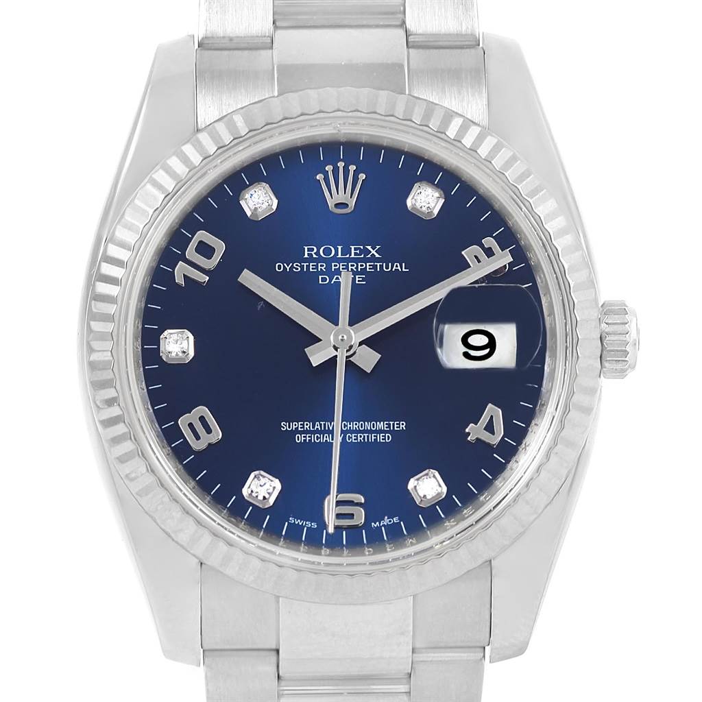 The image shows the front view of a Rolex Oyster Perpetual Date watch, displaying its dial, bezel, crown, and part of the bracelet.