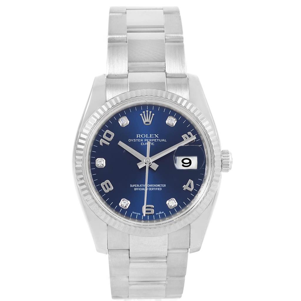 The Rolex Date 115234 Stainless Steel Blue Dial 115234 Stainless Steel Blue Dial model watch is shown from the front, displaying the face, dial, hands, date magnifier, and bracelet.