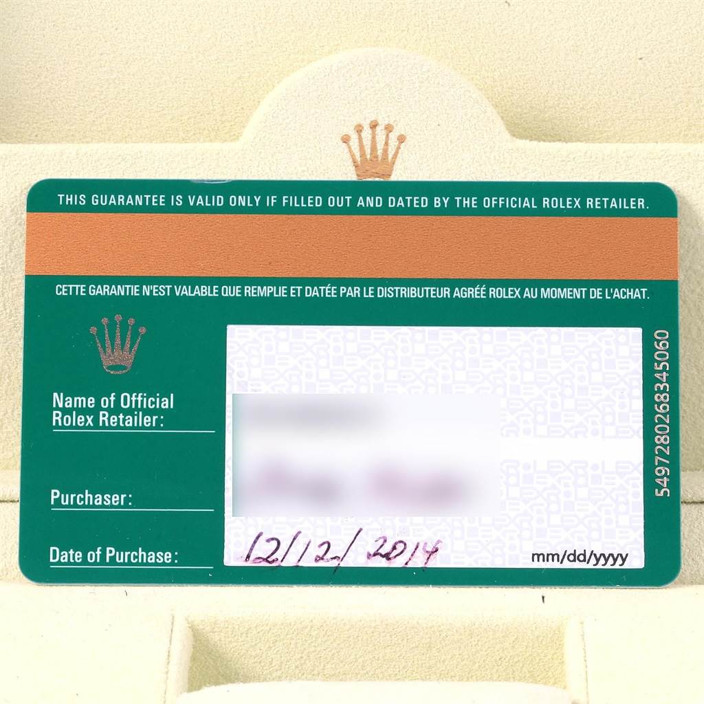 The image shows a Rolex warranty card for a Date model watch, with a purchase date of 12/12/2014.