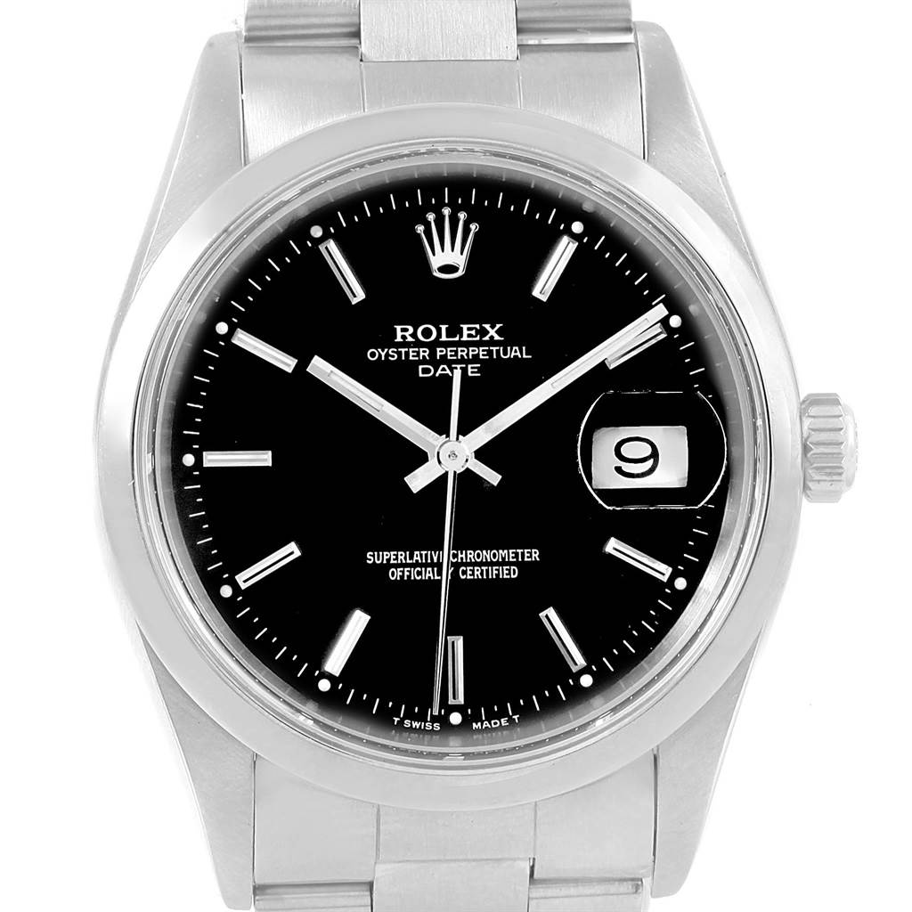 This image shows a frontal view of a Rolex Oyster Perpetual Date watch, displaying the dial, hands, crown, and date window.