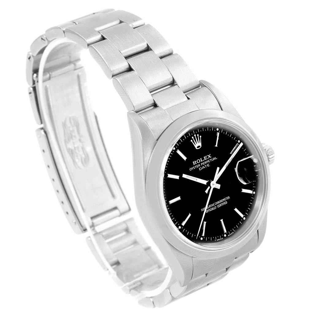 The image shows a Rolex Date 15200 Men's Stainless Steel Black Dial 15200 Men's Stainless Steel Black Dial model watch from a three-quarter angle, displaying the face, bracelet, and partially opened clasp.