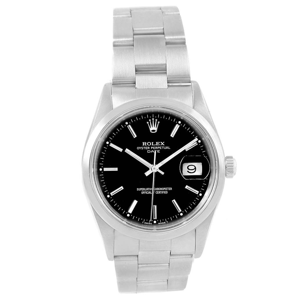 This image shows a frontal view of a Rolex Oyster Perpetual Date, with the bracelet, case, dial, and date window visible.