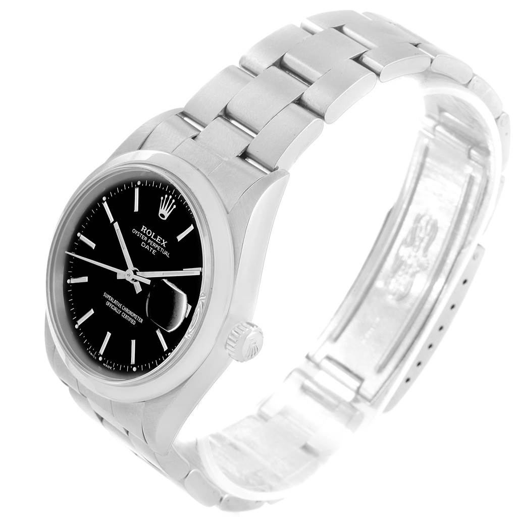 The Rolex Date 15200 Men's Stainless Steel Black Dial 15200 Men's Stainless Steel Black Dial model watch is shown at a slight angle, displaying the face, bezel, crown, and bracelet.