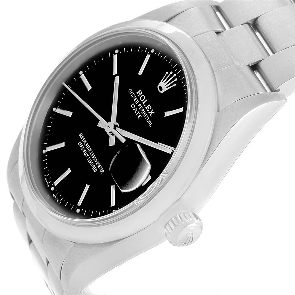 The image features a Rolex Date 15200 Men's Stainless Steel Black Dial 15200 Men's Stainless Steel Black Dial model watch, showing a close-up of the dial, bezel, crown, and part of the bracelet at an angle.