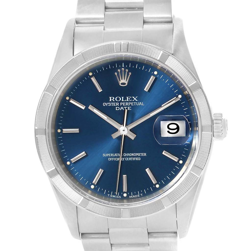 This image shows the Rolex Oyster Perpetual Date watch from a front angle, highlighting its blue dial and date window.